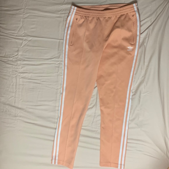 Adidas Drawstring Peach Pink Three Stripes Tapered Pants with Ankle Zippers - Picture 1 of 5